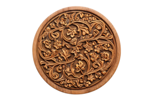 Intricate wooden carving featuring detailed floral patterns in a circular design, showcasing fine craftsmanship and artistic skill. png