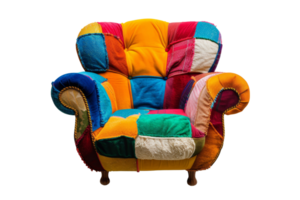 Vibrant patchwork armchair with a colorful, eclectic design, perfect for adding a pop of color and unique style to any space. png