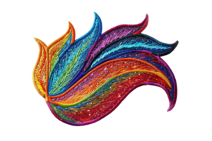 Colorful abstract design with swirling vibrant hues, resembling a flame or feather, isolated on a transparent background. Perfect for creative projects. png
