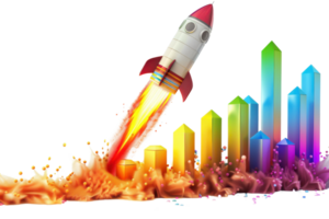 Colorful rocket launch with vibrant bar graph, symbolizing growth, progress, startup success. Ideal for business, technology, startup themes. png