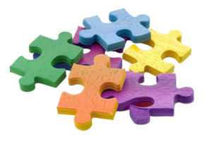 Colorful puzzle pieces isolated on transparent background. Vibrant jigsaw components representing playful creativity and problem-solving. png