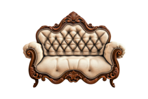 Elegant vintage sofa with intricate wooden carvings and plush cream upholstery, perfect for adding a touch of classic style to any room. png