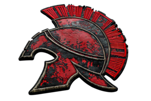 Vintage red and black Spartan helmet illustration with distressed texture and detailed design. png