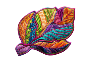 Vibrant colorful embroidered leaf pattern, textile art design with intricate stitching, depicting various colors and textures png