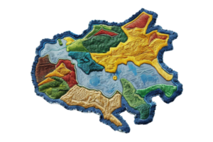 Colorful topographic map model featuring diverse terrain types, with distinct elevations and geographical features on a transparent background. png