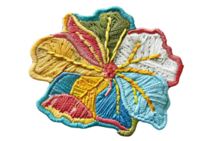 Colorful embroidered flower patch with intricate stitching and vibrant hues, perfect for DIY fashion projects and textile decoration. png