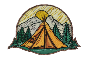 Vintage camping badge featuring a tent in front of mountains and pine trees, with a sun in the background. png