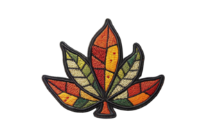 Vibrant embroidered leaf patch with autumn colors and intricate design. Perfect for DIY fashion and accessory customization. png