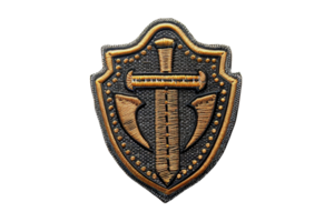 Emblem with a sword and shield design, symbolizing protection and strength, perfect for representing security or medieval themes. png