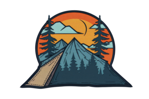 Vintage mountain and forest sunset illustration with a hiking trail through pine trees, evoking adventure and nature exploration. png