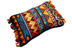 Colorful rectangular decorative pillow with intricate geometric patterns and tribal designs, perfect for adding a vibrant touch to any living space. png
