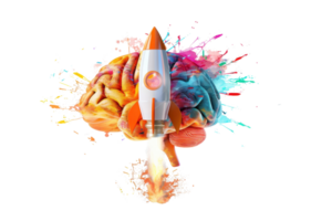 creativo concepto de un cohete lanzamiento desde un vistoso cerebro simbolizando innovación, imaginación, y intelectual crecimiento. png