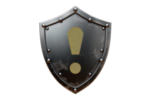 Medieval shield with exclamation mark symbol. Represents security, protection, warning, caution, and defense in a classic metal design. png