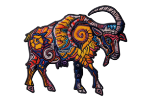Colorful abstract illustration of a ram with intricate patterns and vibrant colors symbolizing art and creativity. png