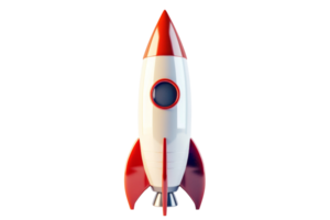 3D illustration of a retro-style rocket ship with red and white color scheme, representing space exploration and innovation. png