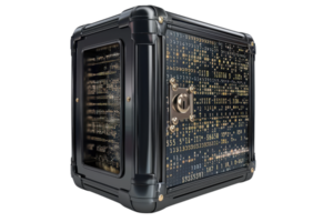 High-tech, futuristic black computer server with intricate circuitry design, concept of advanced technology and secure data storage. png