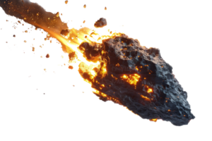 A fiery meteor streaking through space with trailing flames and glowing embers, isolated on a transparent background. png