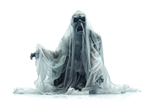 A ghostly figure in a frightening pose, draped in white cloth, evoking a sense of horror and mystery against a transparent background. png