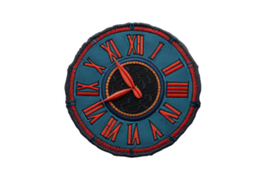 Vintage clock face with Roman numerals and dark blue and red color scheme, showcasing intricate details and timeless design. png