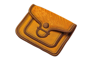 Vintage handmade leather wallet with intricate stitching and button closure, showcasing craftsmanship and timeless design. png