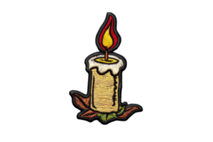 Embroidered patch of a lit candle with leaves, perfect for adding a warm touch to clothing or accessories. png