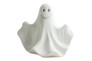 Cheerful white ghost decoration with a smiling face, perfect for Halloween or spooky-themed events, isolated on a transparent background. png