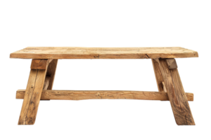 Rustic wooden table with a textured surface and sturdy legs, perfect for dining, studying, or as a decorative piece in any interior space. png