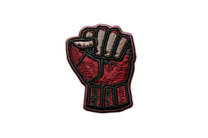 Embroidered red and black fist patch symbolizing strength, power, and unity. Ideal for jackets, backpacks, and accessories. png