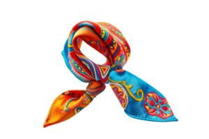 Vibrant, colorful silk scarf with intricate patterns, ideal for fashion accessory, enhancing outfits with a touch of elegance and style. png