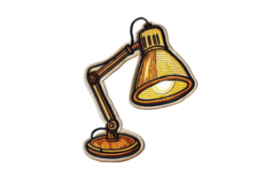 illustration of a desk lamp with intricate details in a wood texture finish and warm light. Perfect for design, art, and creative projects. png