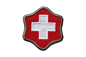 Red badge with white cross symbol, resembling Swiss emblem. Intricate stitching pattern with clear details against a plain background. png