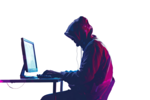 Hooded hacker in dark room working on laptop. Cybersecurity threat and data protection. Neon lights creating dramatic, tense atmosphere. png