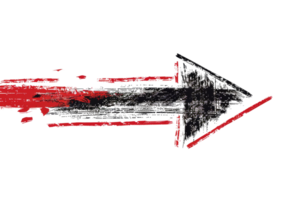 Artistic grunge arrow pointing to the right with textured red and black brush strokes, symbolizing direction and movement. png