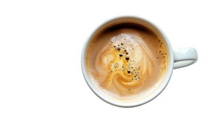 Aerial view of a cup of coffee with foam on top, isolated on a transparent background. perfect for morning or relaxation themes. png