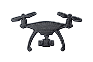 Black and white illustration of a quadcopter drone with camera attachment, isolated on a transparent background. png