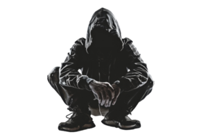 Mysterious figure in a hoodie squatting. Dark, urban street style. Shadowy and anonymous appearance. png