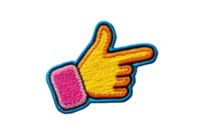 Colorful embroidered pointing hand patch with a playful and vibrant design, perfect for customizing clothing or accessories. png
