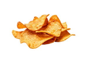 Close-up of a pile of crispy golden potato chips, perfect for snack and food-related themes. Isolated on a transparent background. png