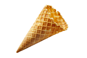 Close-up shot of an empty waffle ice cream cone on a transparent background. Perfect for dessert, ice cream parlors, and confectionery-related themes. png
