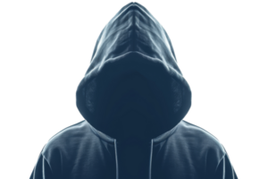 Mysterious figure in a dark hoodie with face obscured, symbolizing anonymity, cybercrime, and secrecy. Perfect for cyber security themes. png