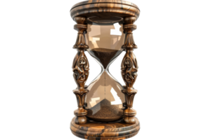 Elegant vintage hourglass with wooden frame and flowing sand, symbolizing time management and passing minutes. Ideal for antique decor. png