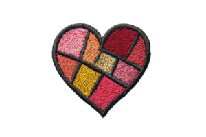 Colorful heart-shaped embroidery patch with geometric patterns, perfect for adding a touch of love and style to any clothing or accessory. png