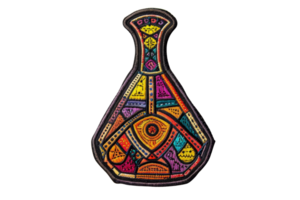 Vibrant, colorful tribal pattern on abstract bottle-shaped fabric patch. Intricate design and unique artwork, perfect for decor and DIY projects. png