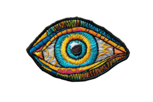 Colorful embroidered eye patch with intricate stitching details. Creative design ideal for accessories and decorative crafts. png