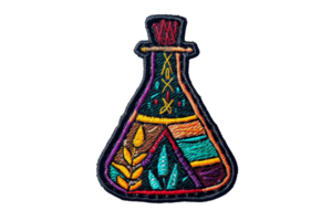 Colorful embroidered patch of a laboratory flask with geometric patterns and nature-inspired designs. Ideal for decoration and crafts. png