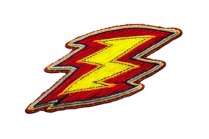 Colorful embroidered lightning bolt patch, perfect for clothes, backpacks, and accessories, adding a touch of vibrant flair and uniqueness. png
