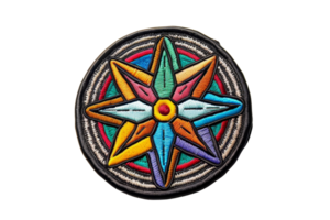 Vibrant embroidered colorful star pattern with geometric design in circular form, perfect for textile and craft projects. png