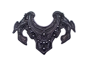 Intricate medieval armor neck guard with detailed engravings and patterns, showcasing historical craftsmanship and design. png