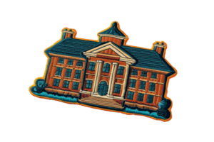 Illustration of a historic college building with classic architecture, featuring columns and a large entrance. Vibrant, ornate, and educational. png