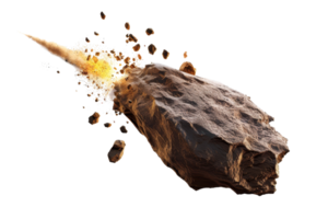 Close-up of a fiery meteor in space, showcasing a powerful cosmic explosion and debris scattering in all directions. png